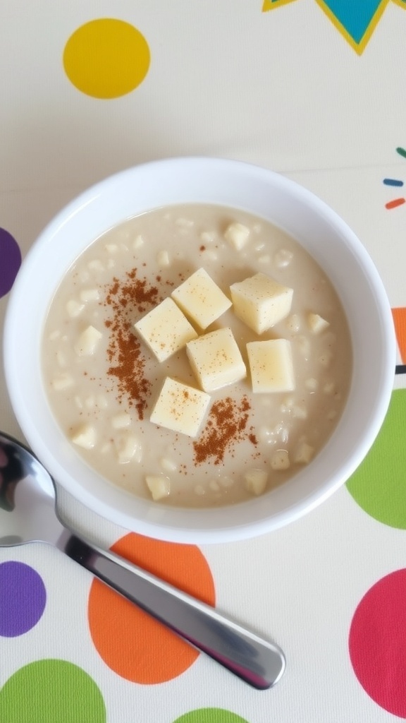 Nutritious Oatmeal Recipe for 8-Month-Old Baby A bowl of oatmeal for a baby, topped with banana and cinnamon, on a colorful mat.